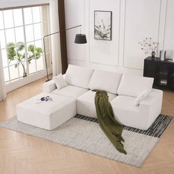 113" Corduroy Modular Sectional Sofa with Extra Wide Cushions & Ottoman for Living Room