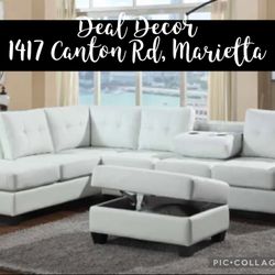 New white leather sectional sofa, couch with storage ottoman