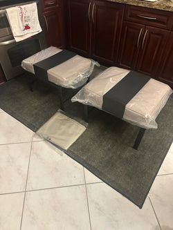 NEW SET OF OTTOMANS WITH METAL TOPS (Beige Cushions/Black Frame)