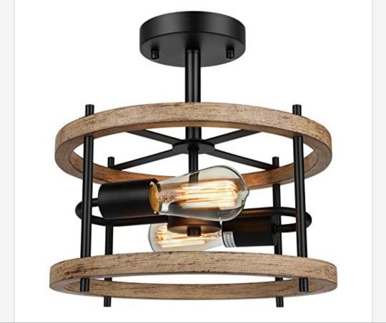 Lakumu 2-Light Rustic Wood Semi Flush Mount Ceiling Light
