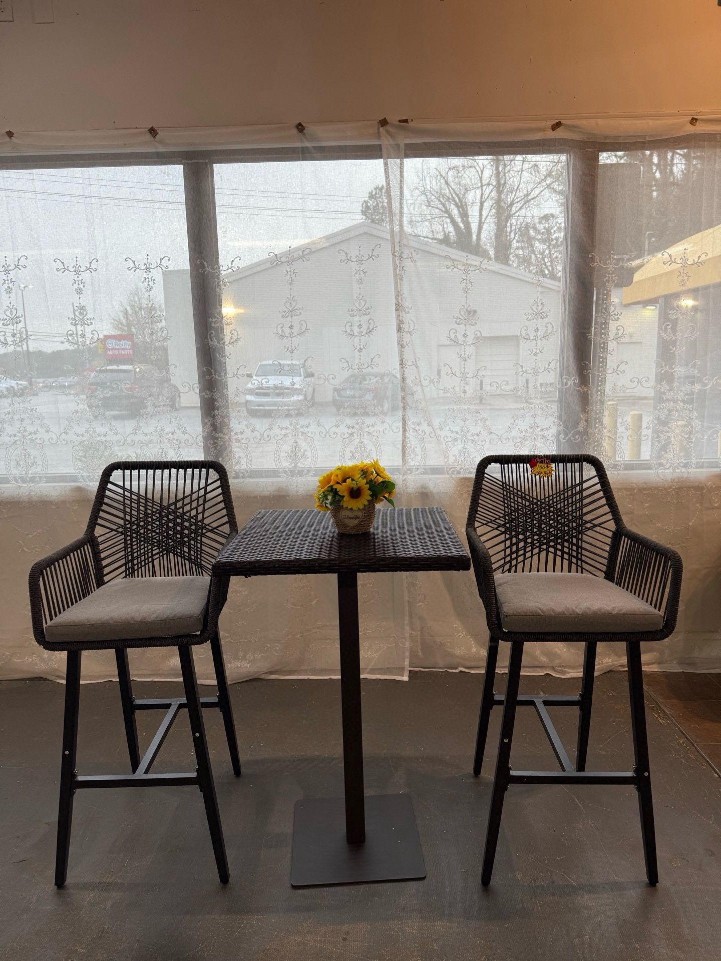 🔥Set of 3🔥Outdoor dark brown 26-inch rattan square bar table and patio bar stools, curved back, aluminum frame, bohemian style, with soft cushions,