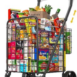 Shopping Cart for Groceries, Height Adjustable Folding Utility Cart with Double Baskets,