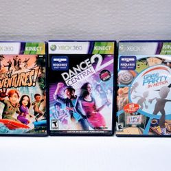Three Xbox 360 Kinect Games, with, Adventure, Games and Dance.