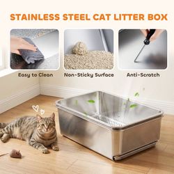 Cat litter box, PawHut Stainless Steel Sifting Cat Litter Box 23.6" x 15.7" x 7.9" XL, NEW