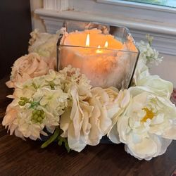 Floral Candle Centerpiece with Square Glass Holder