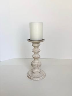 Distressed White Shabby Chic Turned Post Pillar Candleholder | Candle Included