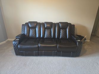 Black Leather Reclining Sofa with Cup Holders