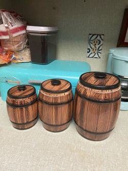 Three Vintage Treasure Craft Ceramic Barrel Canisters