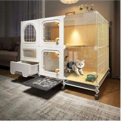 Indoor cat cage with Litter Box, Complimentary Cat Bed, Bow,lcat House with Wheels Outdoor,Large cat Villa Playpen, Small Animal Dog Kennel cat enclos