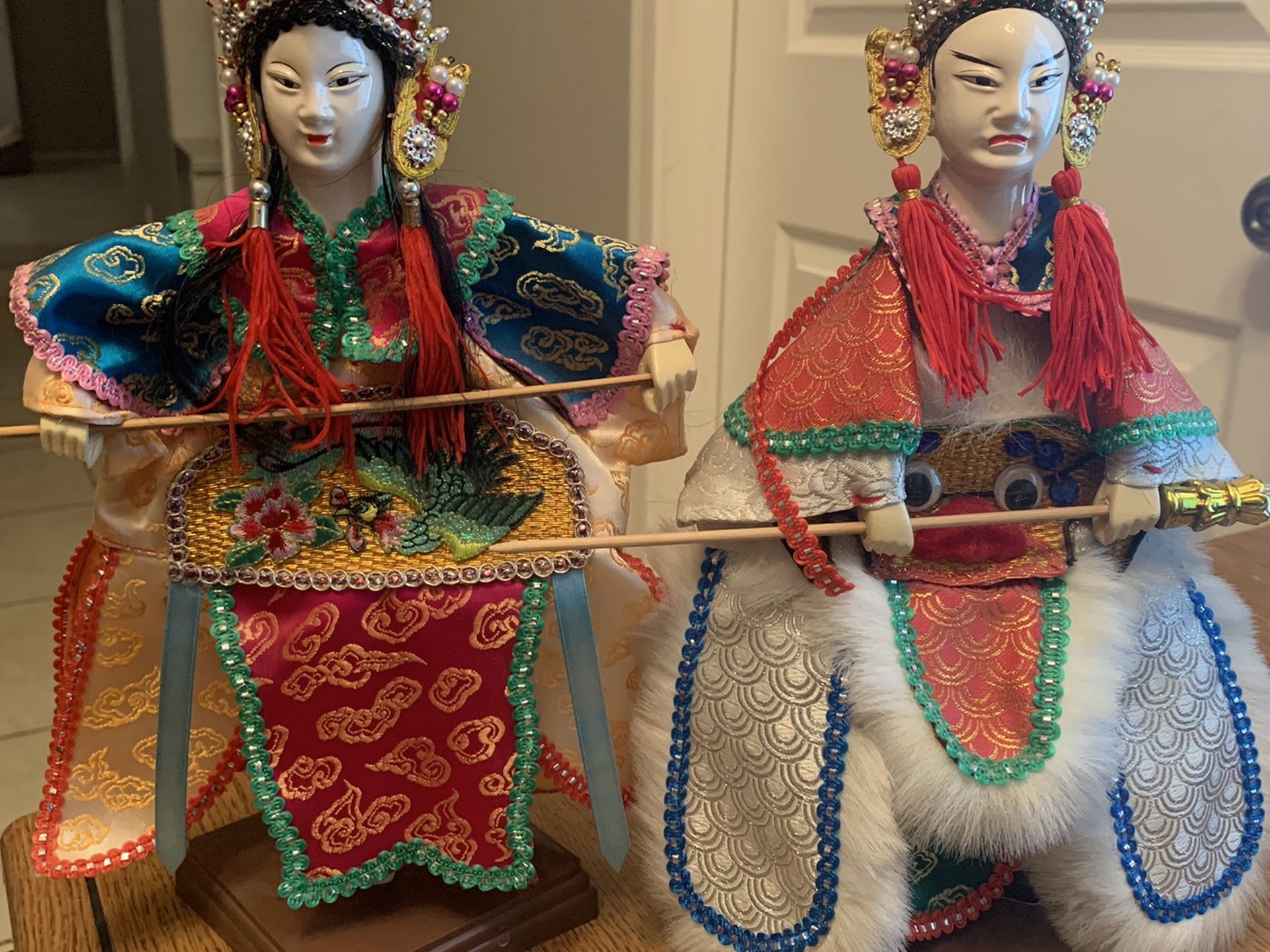 Vintage Set of CHINESE OPERA HAND PUPPET DOLLS FOLK ART with Stands 13" Each