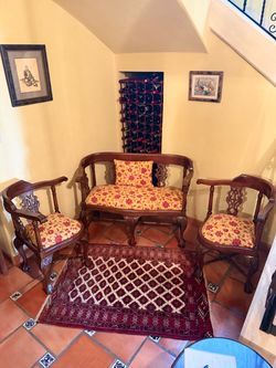 Vintage Hand Carved Mahogany Chippendale Parlor Settee Chairs Set