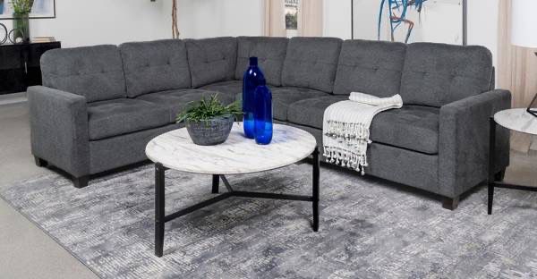 Beautiful Modular 4 Piece Sectional Sofa Upholstered In Steel Grey Color Fabric!