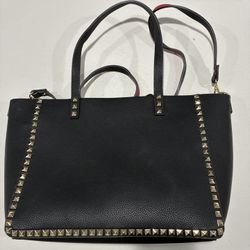 Black Tote Bag with Red Interior and Stud Detail 