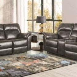 Brand New Grey Leather Reclining Sofa & Loveseat 