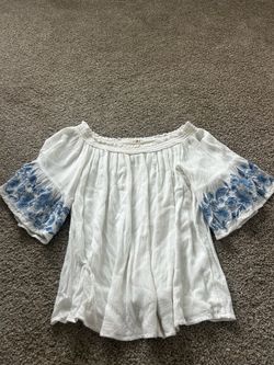 White Off-Shoulder Top with Blue Floral Embroidery