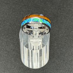 Handcrafted Tungsten Ring with Blue-Green Resin & Wood Veneer Inlay – Made in Hawaii