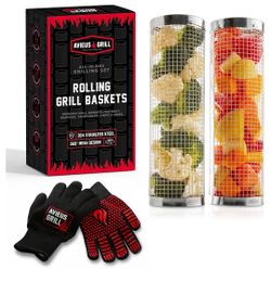 Rolling Grilling Baskets for Outdoor Grilling 2 Pcs | Barbecue Grill Set with BBQ Gloves | Portable Camping Net Rack Perfect for Vegetables, Seafood &