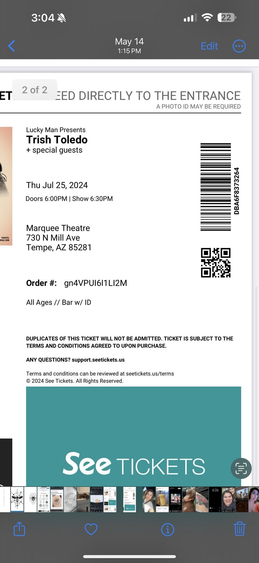 2 Tix $60 for both Trish Toledo 07/25