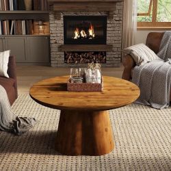 31.5-Inch Farmhouse Round Center Table With Sturdy Base, Solid Wood Round Coffee Table, Brown