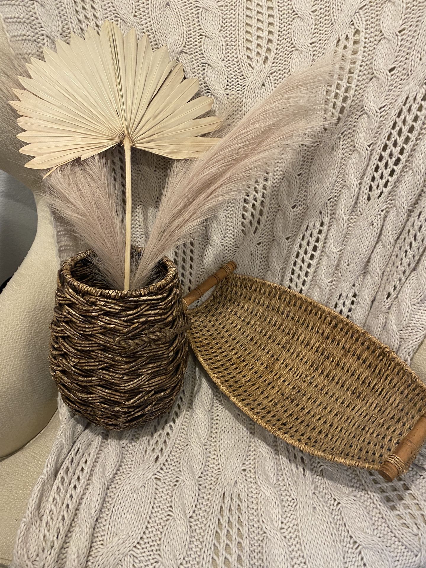 Palm leaf and Pampas decor with target threshold hanging basket and boat shape basket