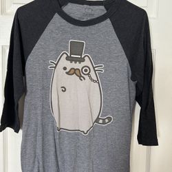 Grey Sir Gentleman Pusheen graphic tee raglan t-shirt small Women’s 3/4th sleeve