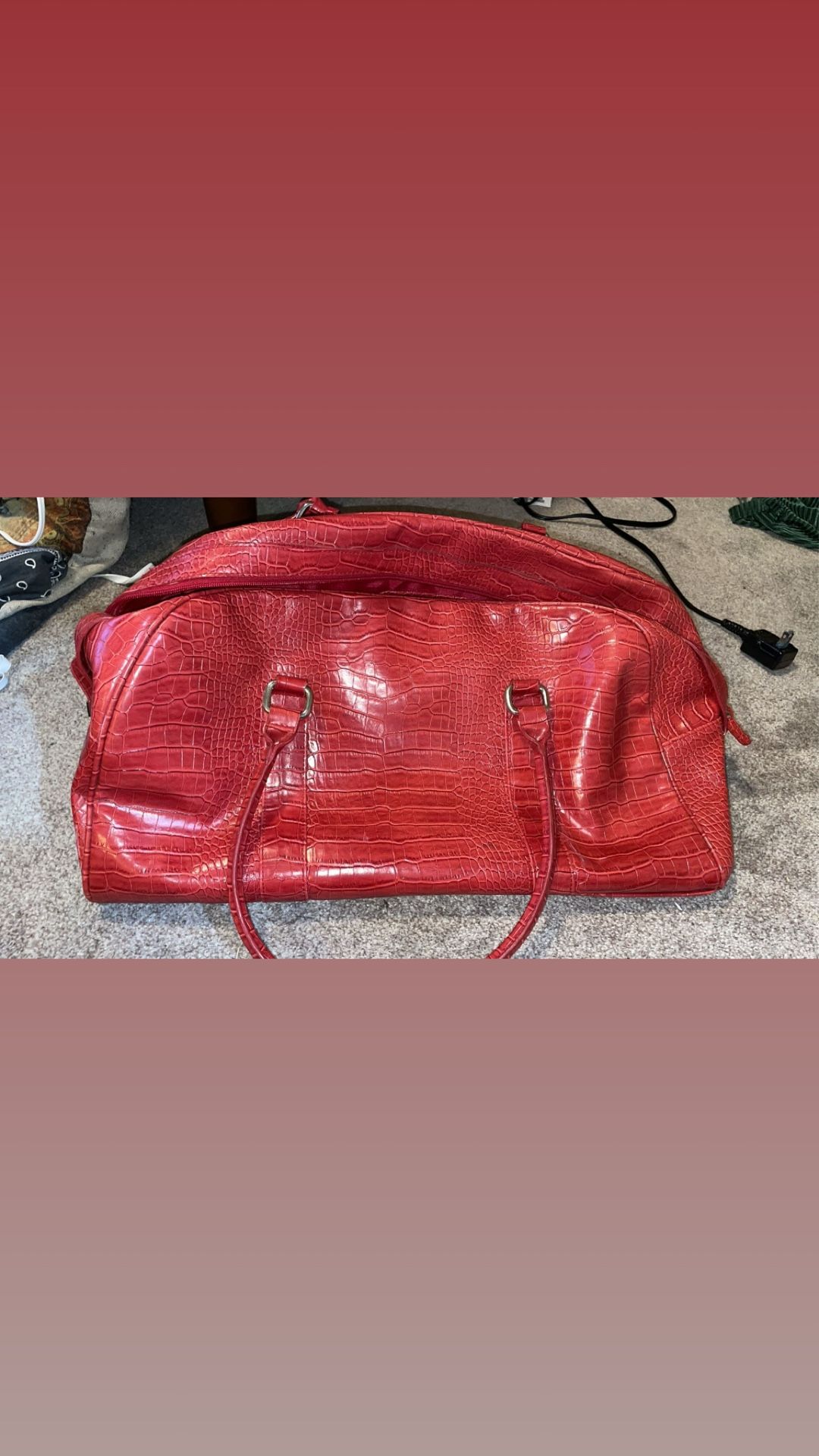 Large Red Faux Crocodile Embossed Travel Bag