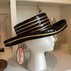 NEW Deborah New York Black Wool Panama Hat w/gold trim & black sequins MADE IN USA