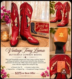 RARE Vintage Tony Lama Red Butterfly Cowboy Boots – Size 7B – Original Box –