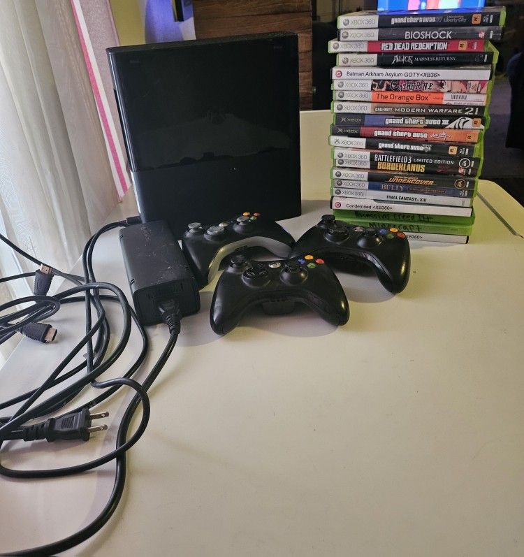 Xbox 360, 3 Controllers, And 20 Games