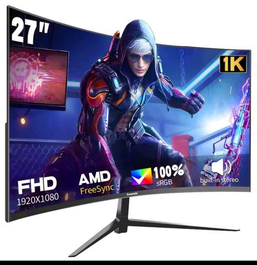 
"27'' Curved FHD Gaming Monitor – 1920x1080, AMD FreeSync, 100% sRGB, Built-in Stereo Speakers