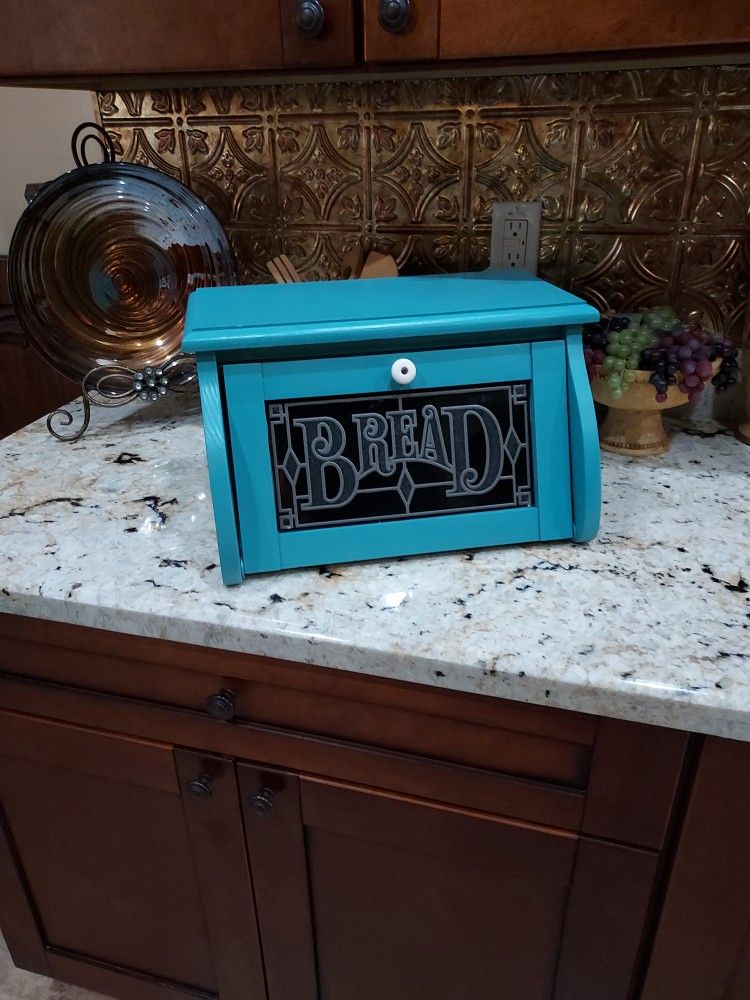 Wood Teal Bread Box