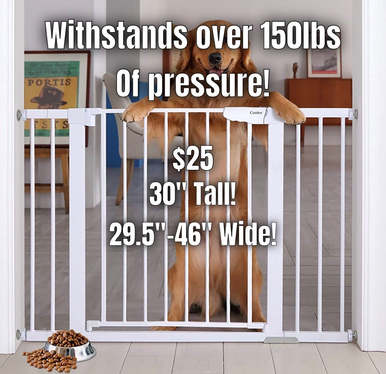 30” Tall x 29.7”-46” Wide Baby Gate Dog Gate Safety Gate Brand New Open Box White Cumbor