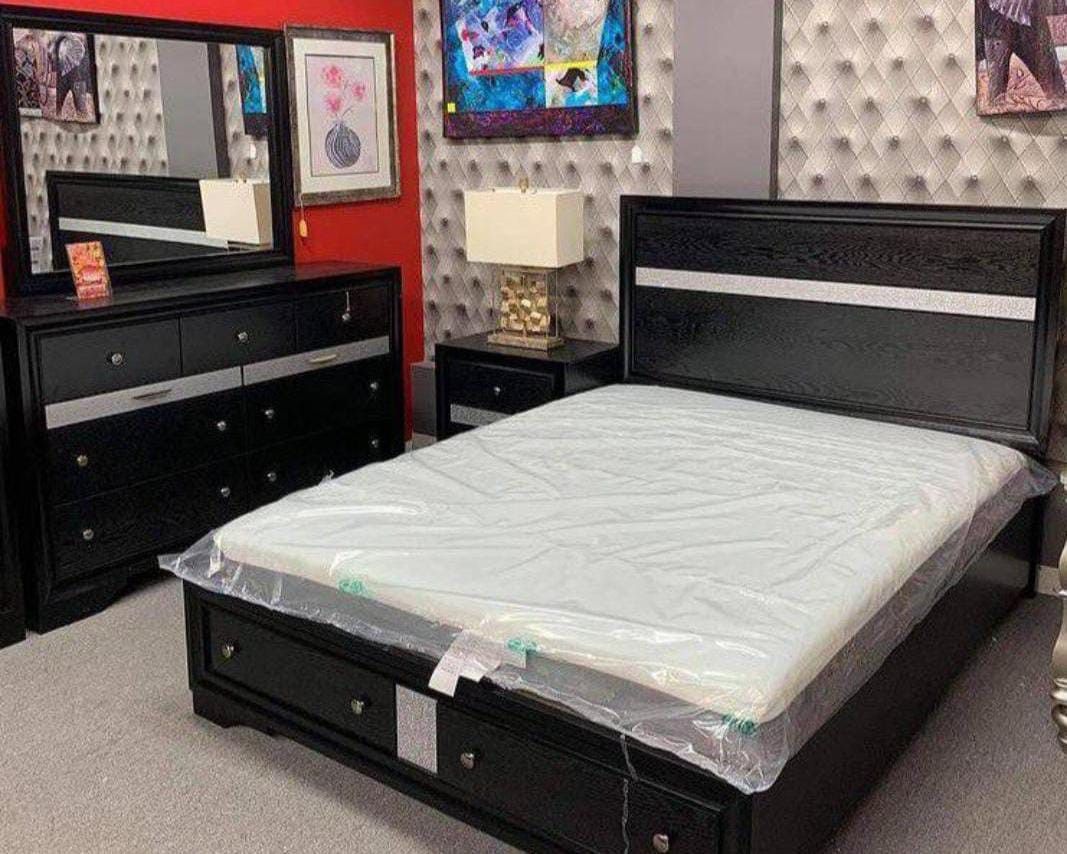 Regata Black/Silver Storage Platform Bedroom Set  Bed, Dresser, Mirror, Nightstand, Chest Queen Or King Bed