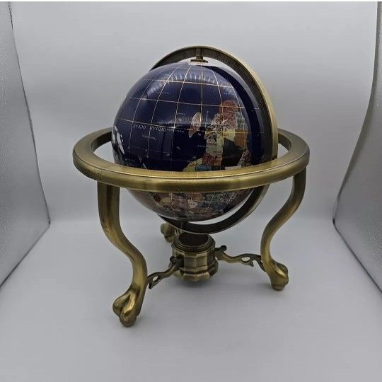 Globe Blue Ocean Gold Tone 3- leg table stand Gem MOP Gemstone World MAP