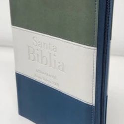 Biblia RVR 1960 Letra Grande Tamaño Manual Tricolor Gris Crema Azúl con Cierre con Índice