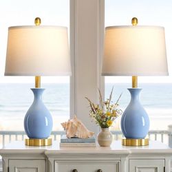 Set of 2 Modern Classic 24″ Light Blue Ceramic Table Lamps with Fabric Shades - Retail $70