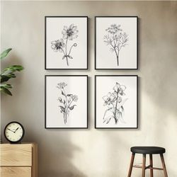 Framed Black and White Floral Wall Art for Living Room, 4 Piece Vintage Botanical Canvas Painting Prints Artwork for Walls, Rustic Minimalist Flower P