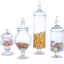 MyGift 4 Piece Set Clear Glass Apothecary Jars with Lids, Bathroom Decor, Candy Buffet, Wedding Centerpiece Decorative Jar