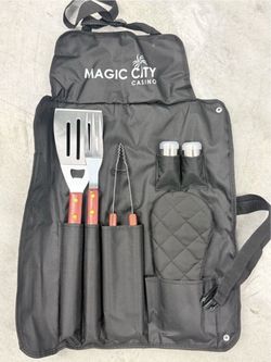 Magic City Casino 6-Piece BBQ Grill Tool Set w/ Black Apron Case, Wood Handles