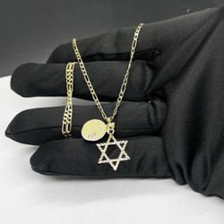 14k Solid Gold Figaro Chain And Star Of David Pendant , Necklance Gold