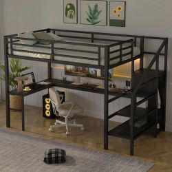 Bellemave Full Size Metal Loft Bed With L Shaped Desk And Wardrobe, Heavy Duty Loft Bed Frame With Storage Stairs, LED Loft Bed Frame With Charging St