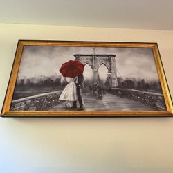 Framed Brooklyn Bridge Romantic Couple Painting – Black & White with Red Umbrella
