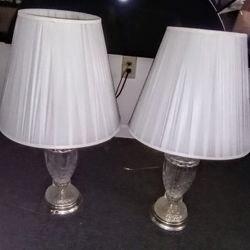 Set Of Two Crystal Brass Based Antique Lamps 