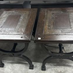 Pair of Wood And Metal Side Tables with Tile Inlay 24”x30”x25”h