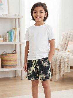 Kids Printed Athletic Shorts with Neon Drawstring
