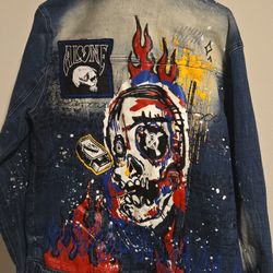 Smoke Rise DNM Co Denim Jacket Skulls Flames Splatter Embellished Patch Mens M