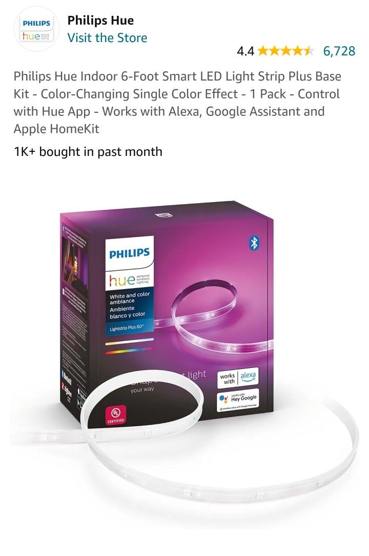 Philips Hue Indoor 6ft Smart LED Light Strip Plus Base--- Plus 5 extension 3ft each total 21ft