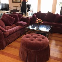 2 Red/burgundy Sofa Set + including Coffee Table & Ottoman