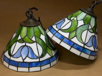 Pair Vintage Tiffany Style Leaded Stained Glass Pendant Lamp Shades Blue Green