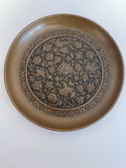 Antique Coper Qajar Era Elegant Decorative Plate with Exquisite Hand-Carved Bird Motif